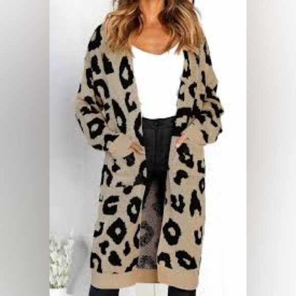 Sweaters - Leopard Print Open Front Long Cardigan